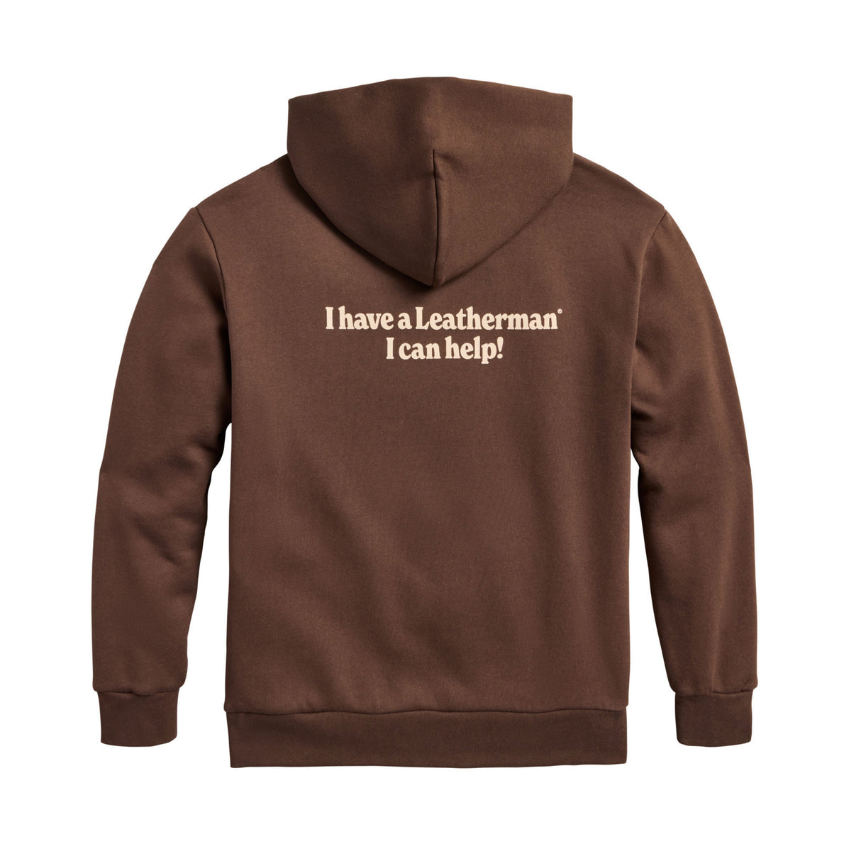 Translation missing: fr.Back of the brown Mr. Wave Hoodie with the slogan "I have a Leatherman, I can help!"