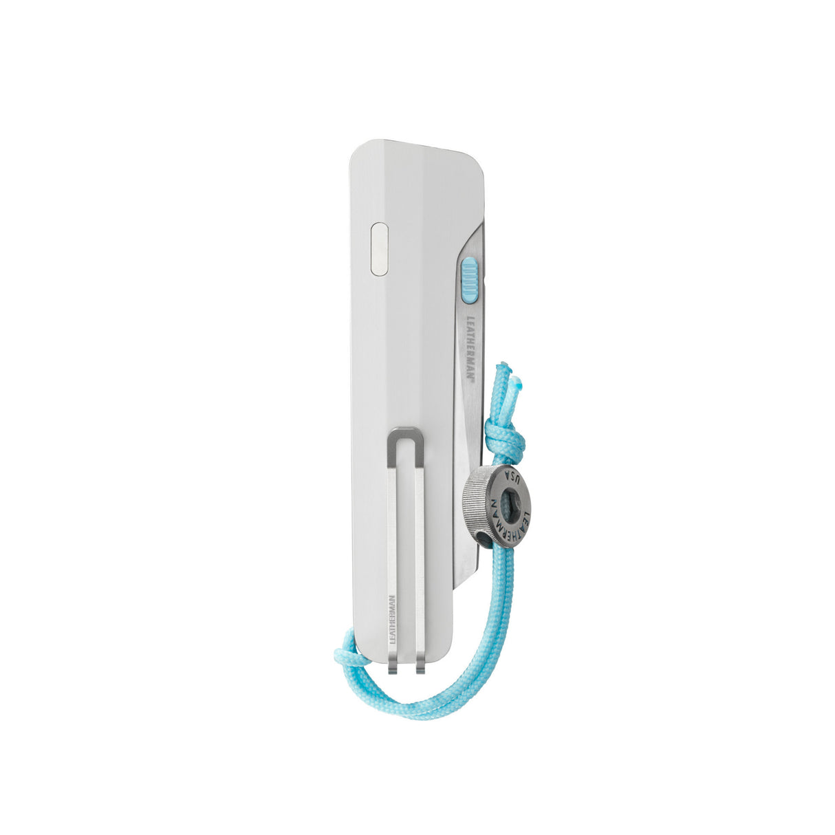 Translation missing: fr.Leatherman Glider folding knife with alpine textured handle, stainless steel blade, and light blue thumb stud, shown close on a white background
