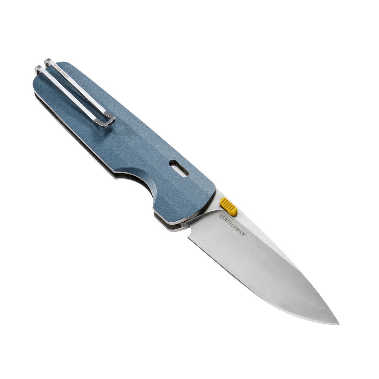 Translation missing: en.Leatherman Blazer Denim folding knife shown open at an angle, featuring a blue textured handle with deep-carry pocket clip, yellow thumb stud, and stainless steel blade, displayed on a white background