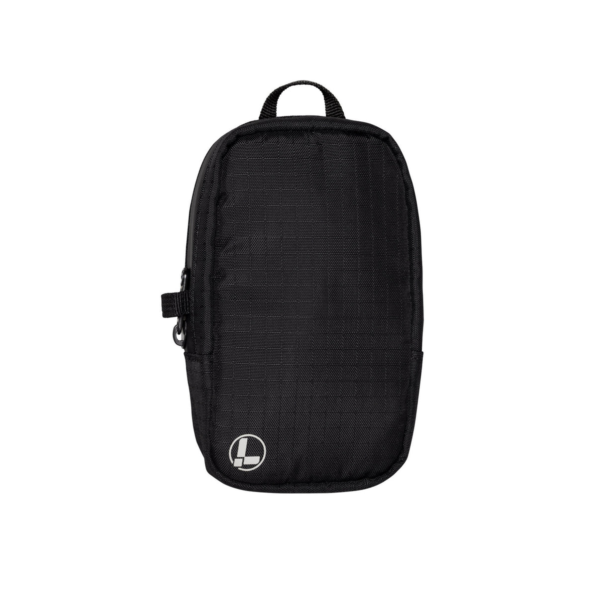 Translation missing: fr.A Leatherman Tool Pouch in a Black color, featuring a minimalist rectangular design with a grid-patterned fabric texture, a black top loop for carrying, and a side zipper with a pull tab. The pouch is adorned with a subtle Leatherman logo in the lower left corner