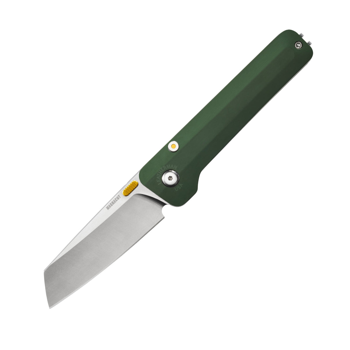 Translation missing: en.Leatherman Glider folding knife with Okra textured handle, stainless steel blade, and yellow thumb stud, shown open on a white background