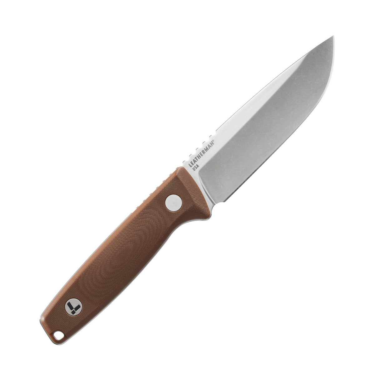 Translation missing: en.Leatherman Trac Earth Brown fixed-blade knife with a stainless steel drop point blade and brown textured handle featuring the Leatherman logo, displayed on a white background