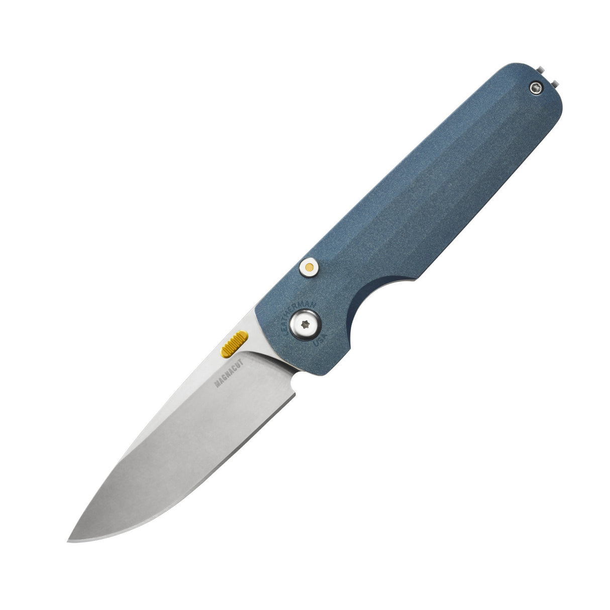 Translation missing: en.Leatherman Blazer Denim folding knife shown open with a drop point stainless steel blade, blue textured handle, yellow thumb stud, and visible pivot screw, displayed on a white background