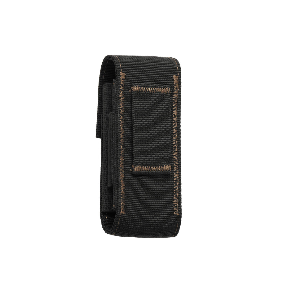 Translation missing: en.Back view of a black and bronze nylon Leatherman sheath with reinforced brown stitching and a horizontal belt loop sewn onto the rear for secure attachment. The sheath has a rugged, utilitarian design intended to hold and carry a multi-tool