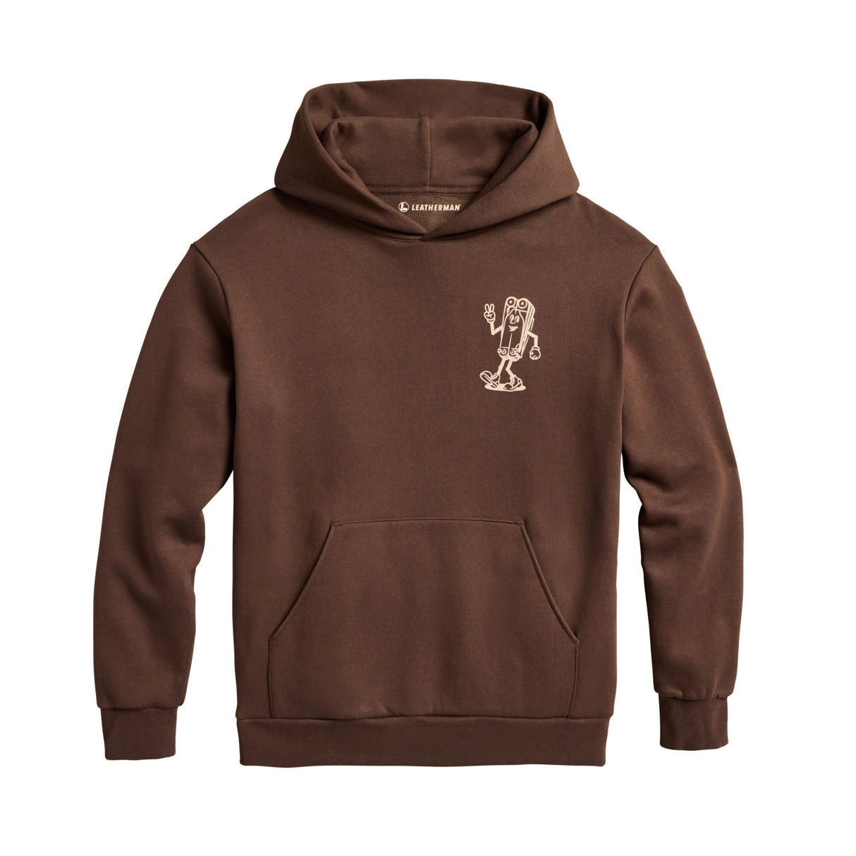 Translation missing: en.Front of the brown Mr Wave pullover hoodie showing a small mascot designed like the leatherman Wave