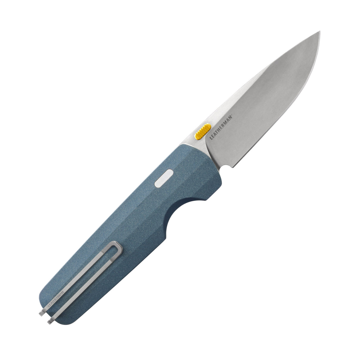 Translation missing: fr.Leatherman Blazer Denim folding knife with a blue textured handle, stainless steel blade, and yellow thumb stud, shown open on a white background