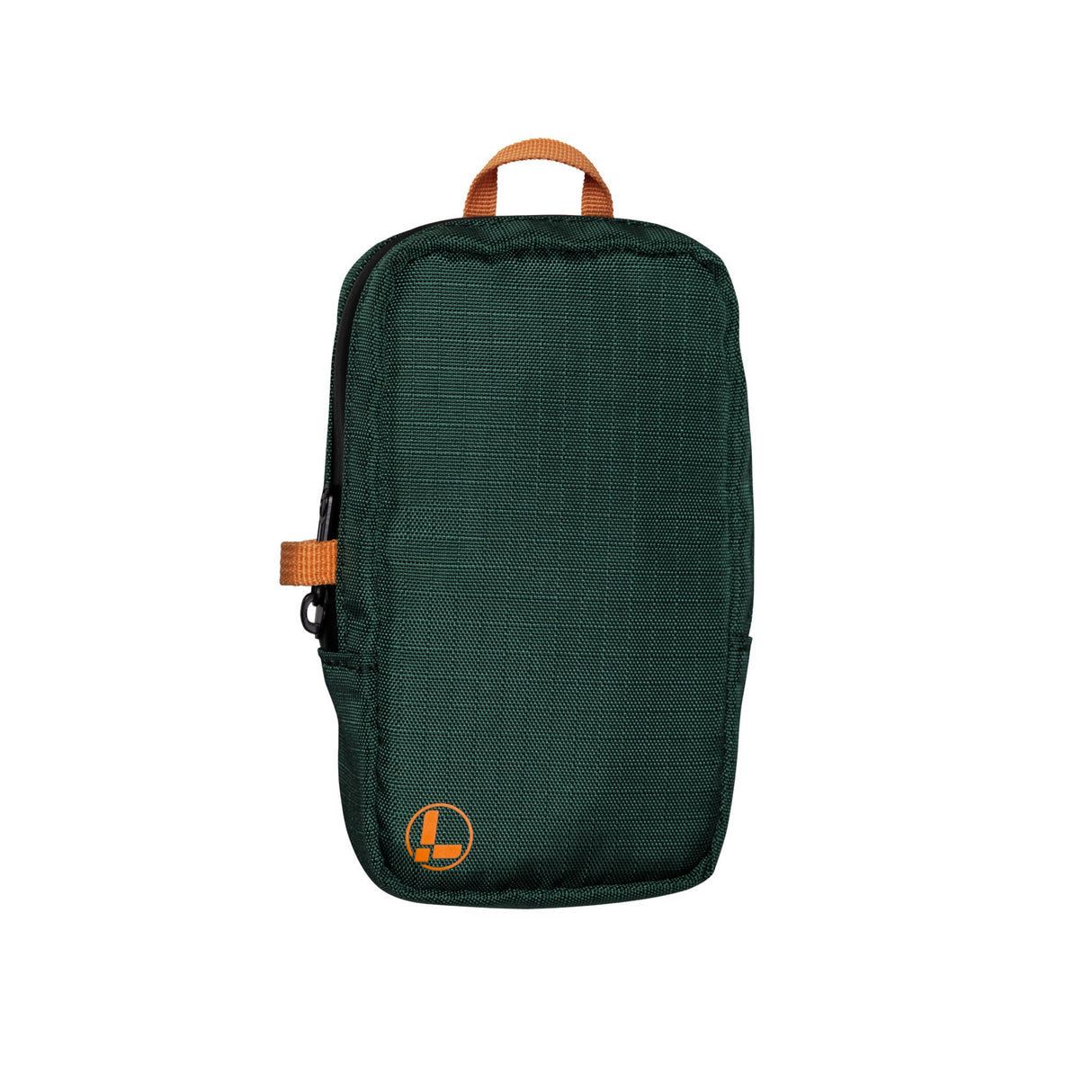Translation missing: fr.A Leatherman Tool Pouch in Hunter color, featuring a deep green fabric with an orange top handle and accent loop, and the Leatherman logo printed in orange near the bottom corner