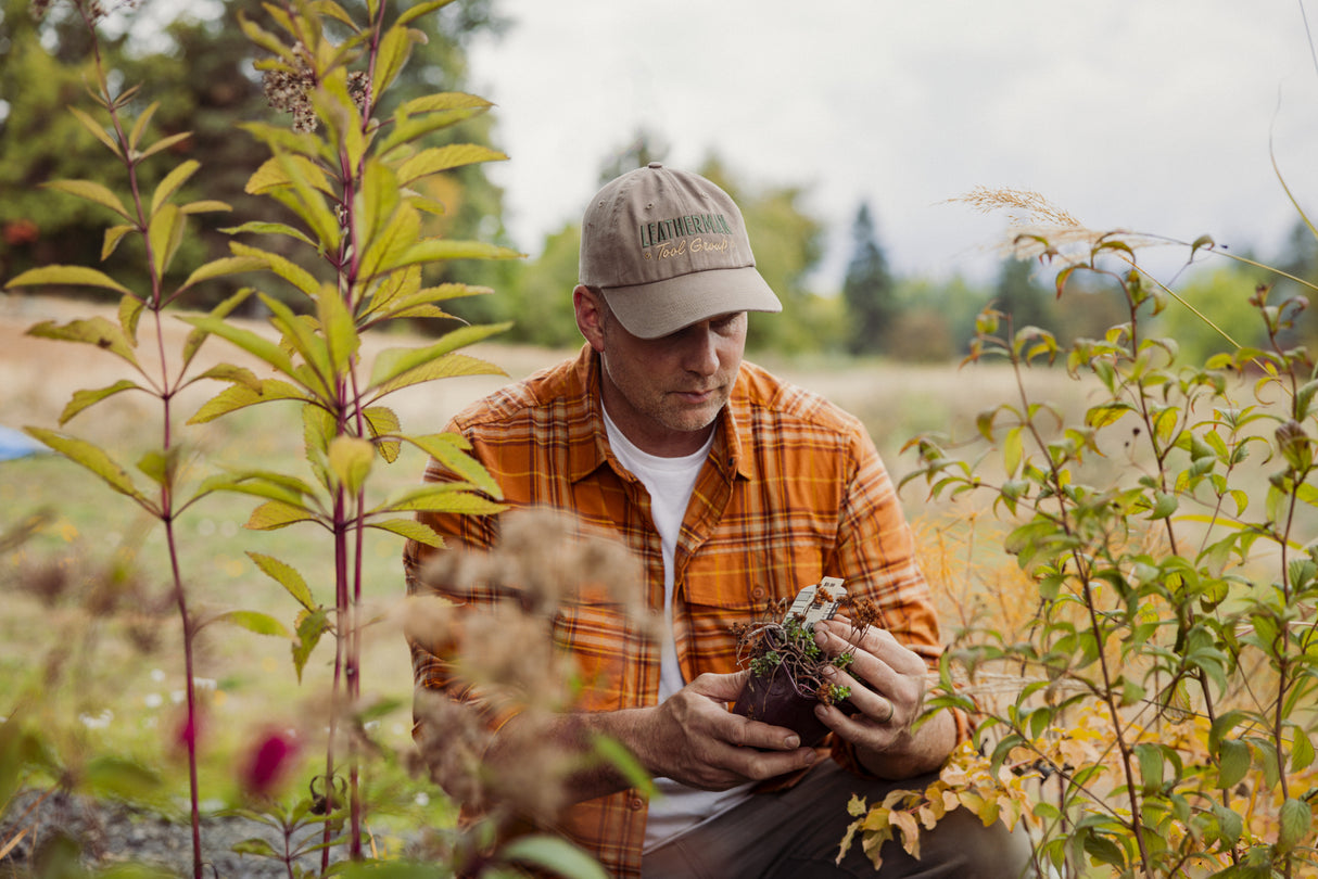 Translation missing: fr.A man in a driftwood colored Leatherman Dad Hat inspecting a newly purchased plant before planting