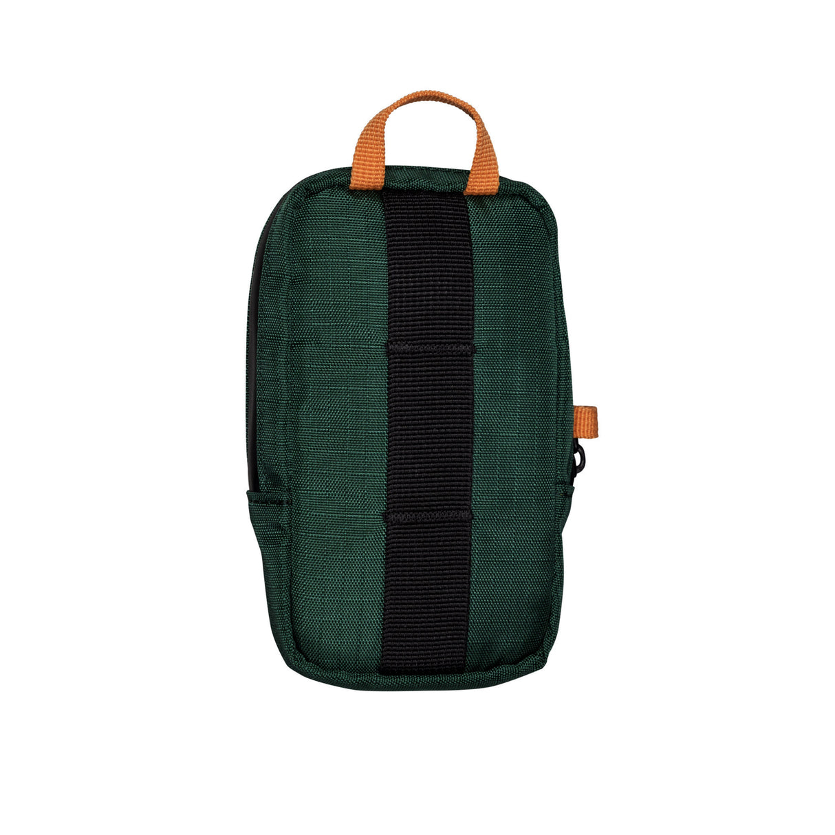 Translation missing: fr.Rear view of a Leatherman Tool Pouch in Hunter color, featuring a dark green fabric body with a black vertical webbing strap, an orange top handle, and a side accent loop for versatile carrying or attachment options
