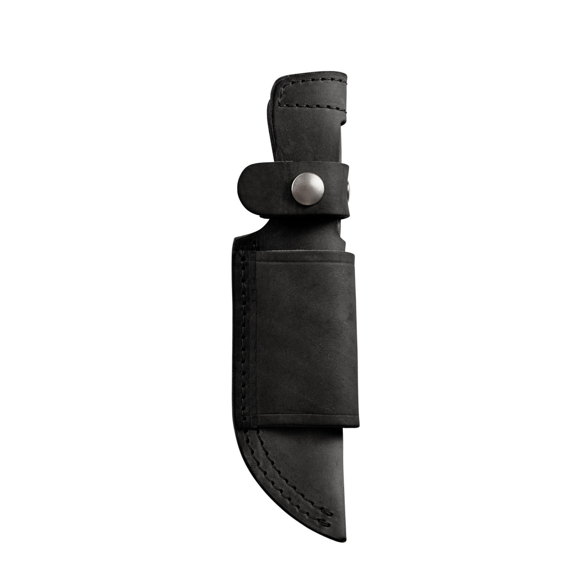 Translation missing: fr.Black leather belt sheath with silver snap closures and reinforced stitching, designed to securely hold a fixed-blade knife