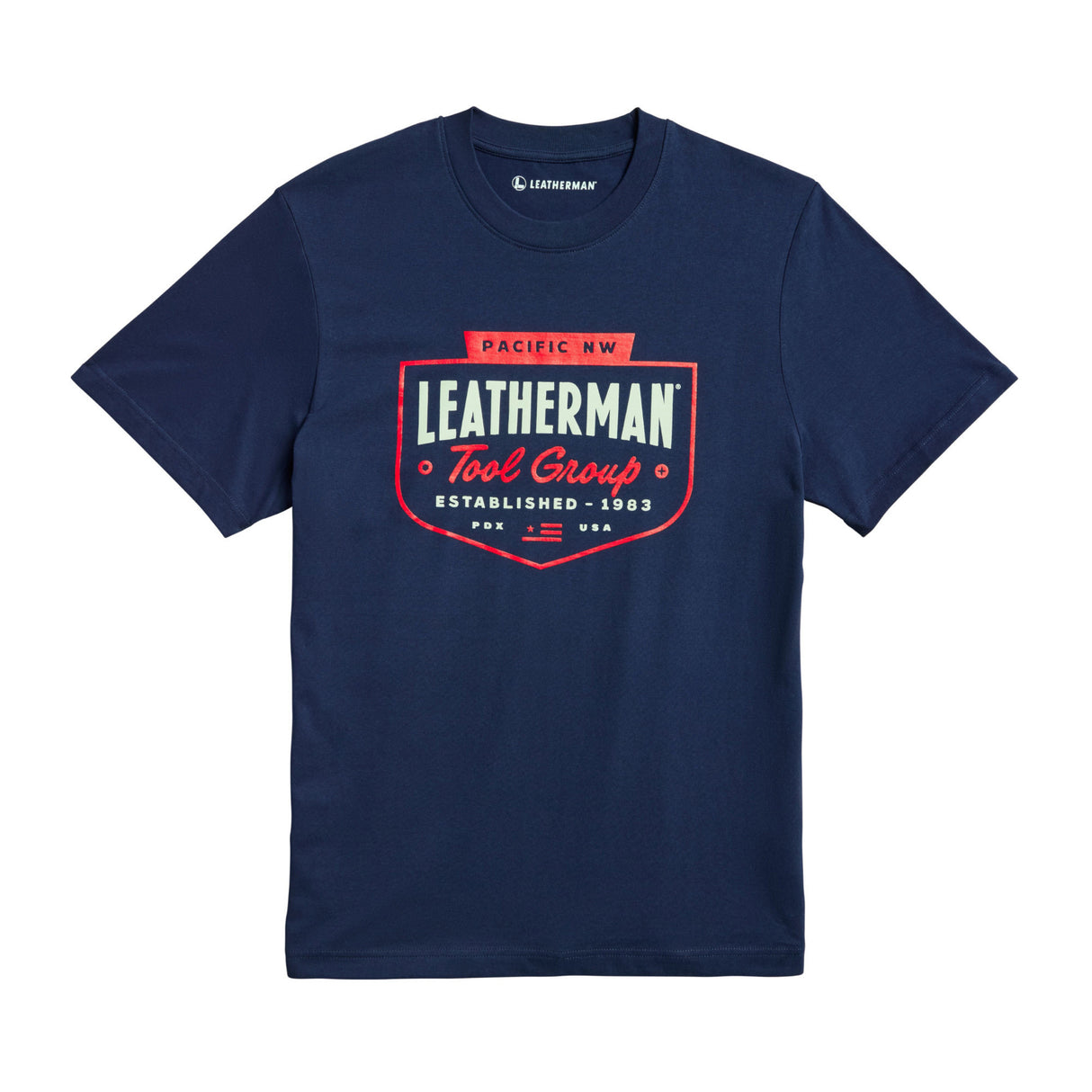 Translation missing: fr.Navy Leatherman Pacific Northwest tee with a red emblem logo. Established 1983