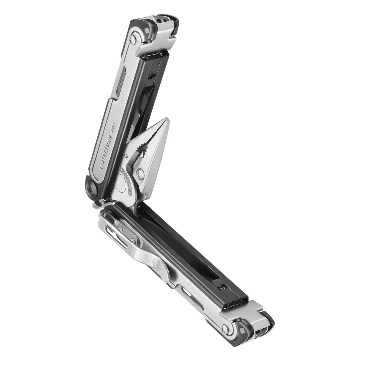 Translation missing: fr.Black DLC and stainless steel Leatherman ARC® multi-tool beauty shot showcasing the pliers and sleek design