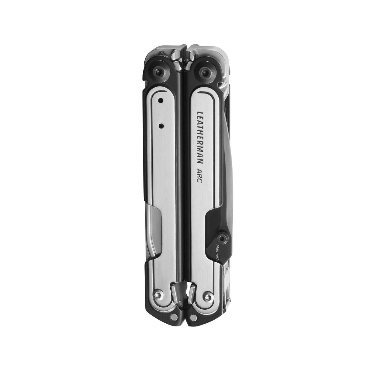 Translation missing: fr.Black DLC and stainless steel Leatherman ARC® multi-tool closed showcasing its compact design