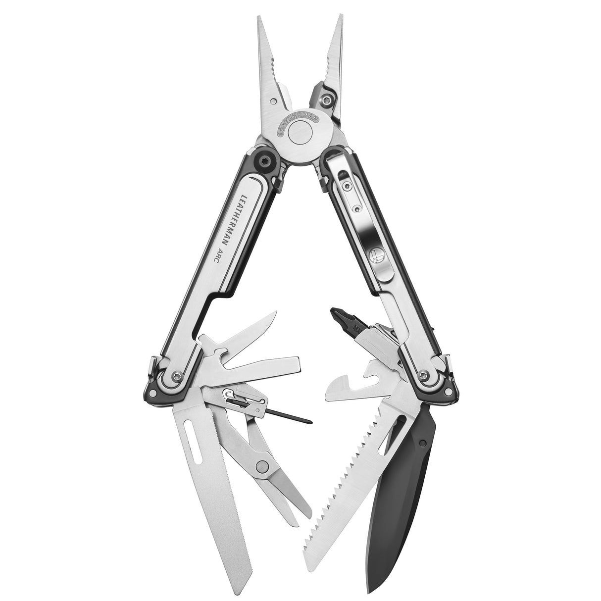 Translation missing: fr.Black DLC and stainless steel Leatherman ARC® multi-tool opened showcasing the many tools and features included