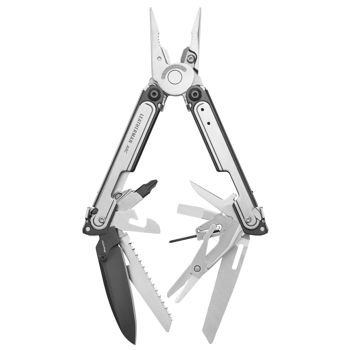 Translation missing: fr.Black DLC and stainless steel Leatherman ARC® multi-tool opened showcasing the many tools and features included