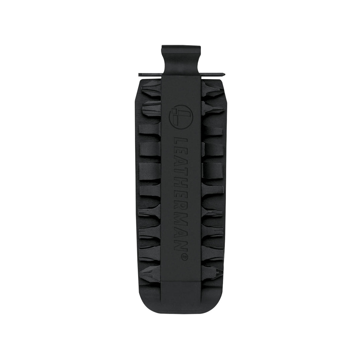 Translation missing: fr.Black Leatherman bit kit holder with multiple interchangeable screwdriver bits arranged on both sides, featuring the Leatherman logo embossed in the center
