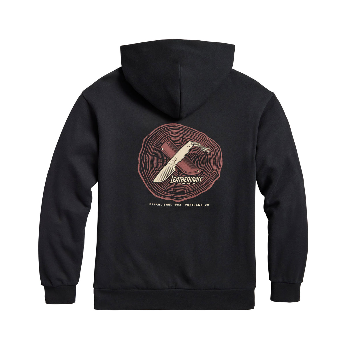 Translation missing: en.Back of the black Blade & Grain hoodie displaying a fixed blade knife and a leather sheath on a stump