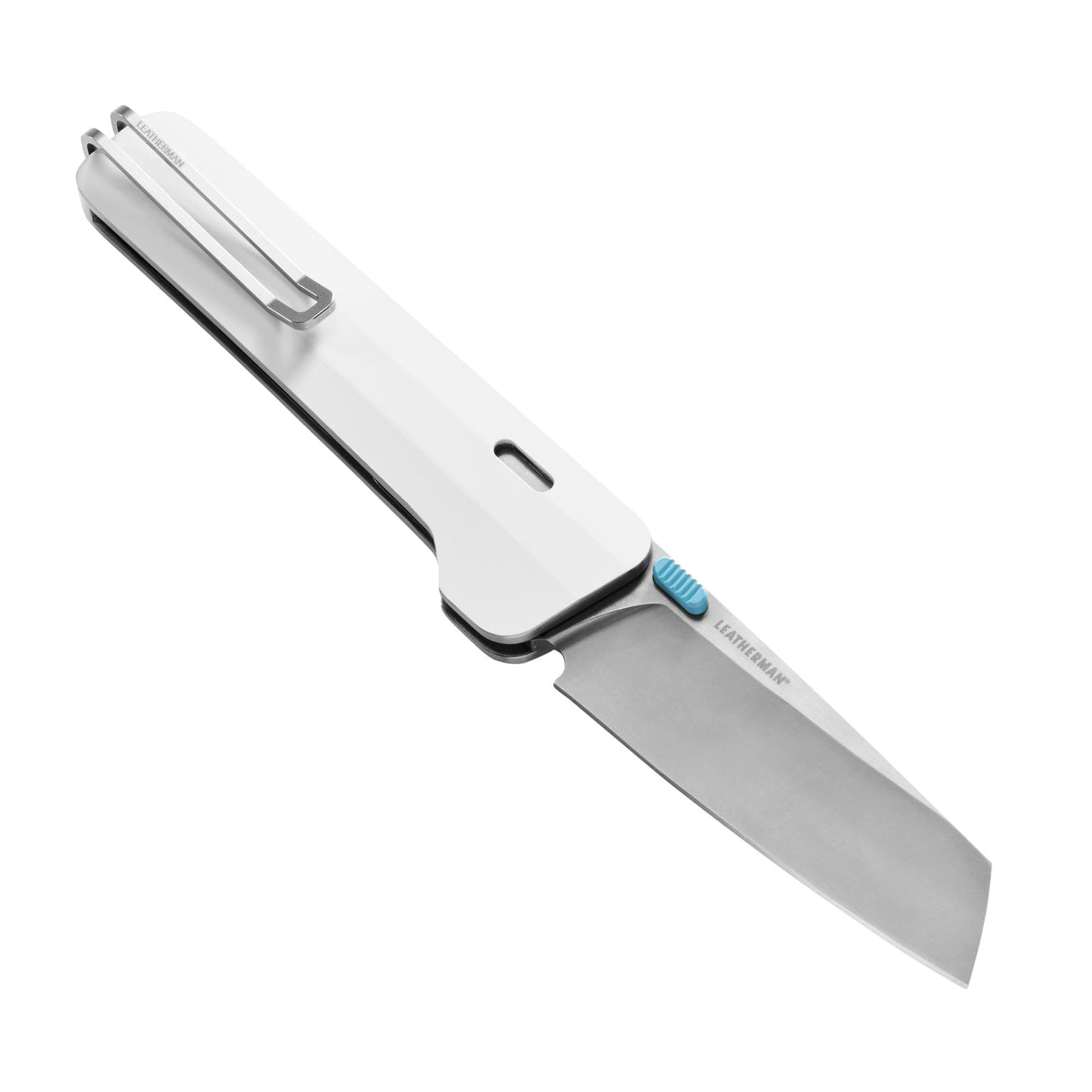 Translation missing: fr.Leatherman Glider folding knife with alpine textured handle, stainless steel blade, and light blue thumb stud, shown open on a white background