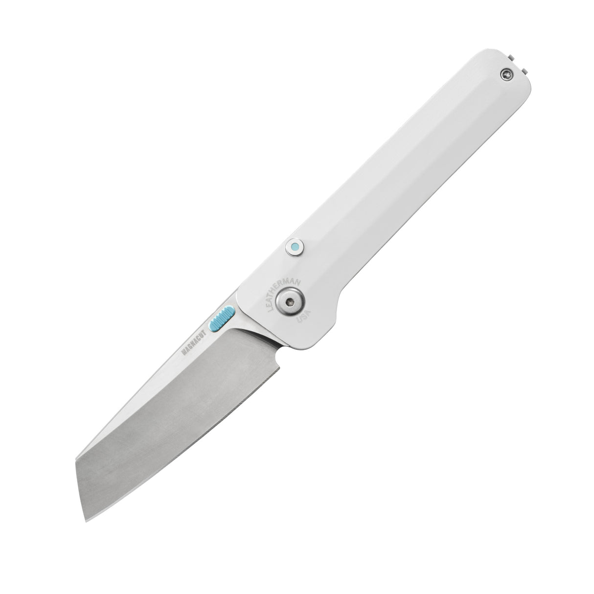 Translation missing: fr.Leatherman Glider folding knife with alpine textured handle, stainless steel blade, and light blue thumb stud, shown open on a white background
