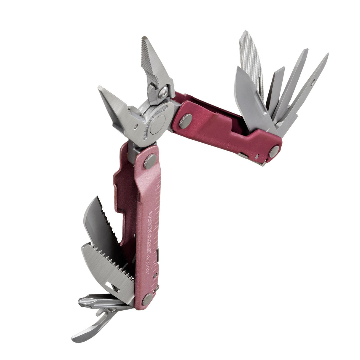 Translation missing: en.Heathered Cranberry Leatherman Rebar® multi-tool beauty image with pliers and various tool attachments