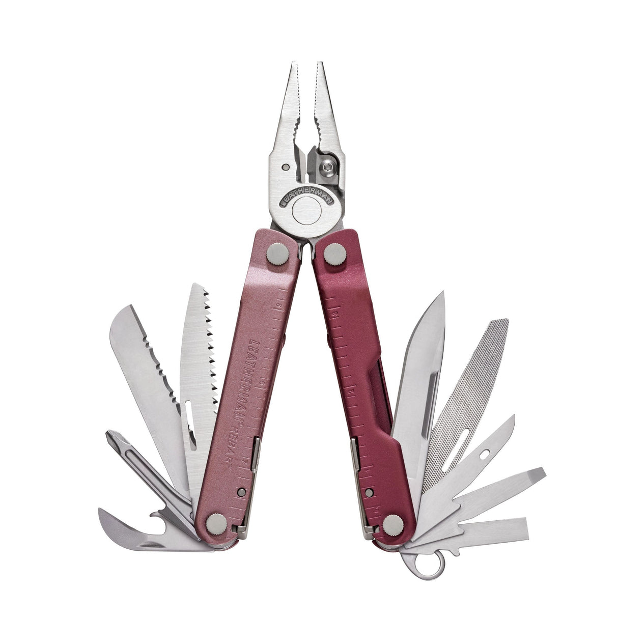 Translation missing: en.Heathered Cranberry Leatherman Rebar® multi-tool with pliers and various tools extended, showcasing durable design