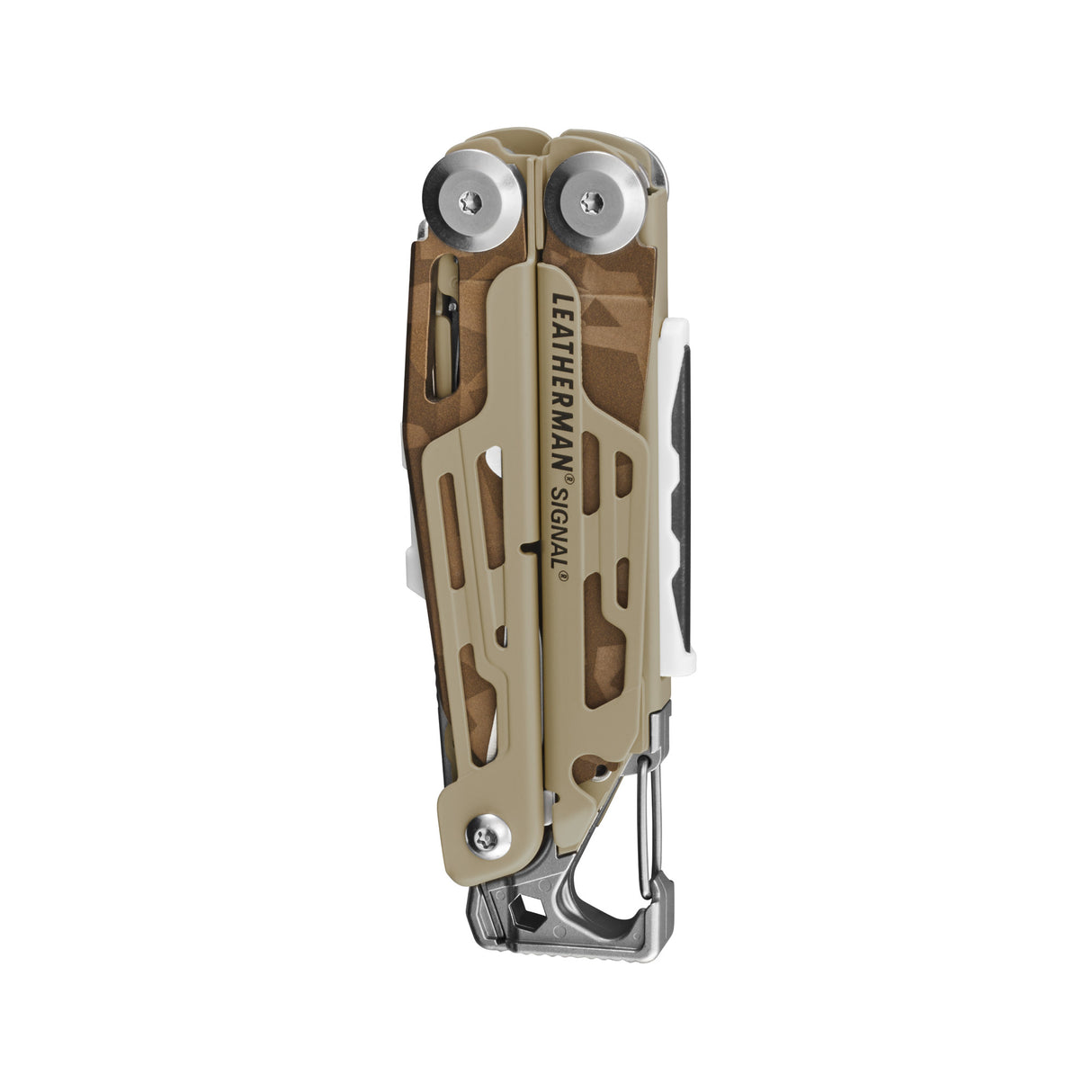 Translation missing: en.Folded tan and brown Leatherman Signal multitool with carabiner clip