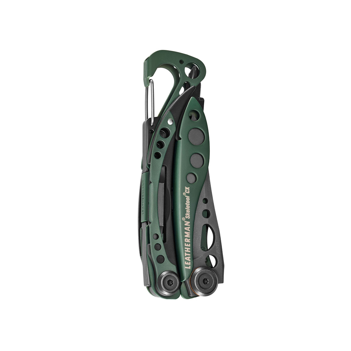 Translation missing: en.Folded Leatherman Skeletool® CX multitool in OD Green with black accents and carabiner clip