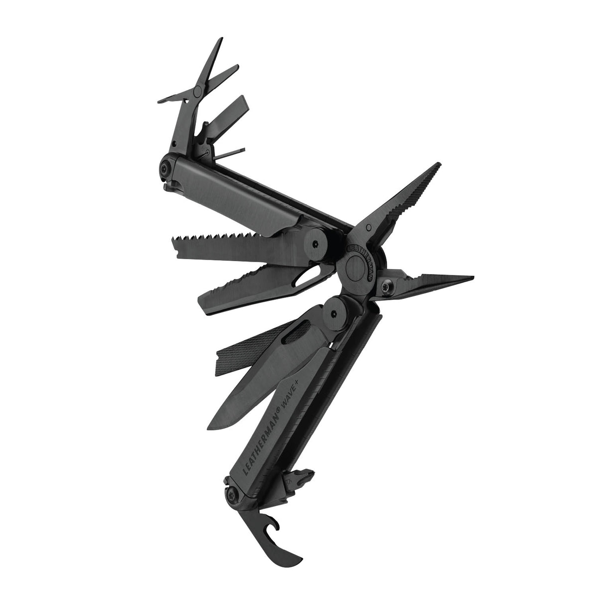 Translation missing: fr.Black Leatherman Wave® Plus multitool beauty image showing the various tools and features