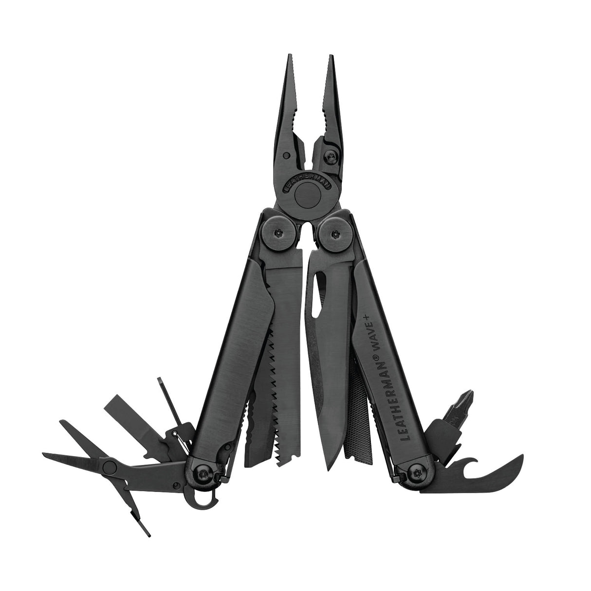 Translation missing: fr.Black Leatherman Wave® Plus multi-tool with pliers, blades, and multiple tools displayed in an open position