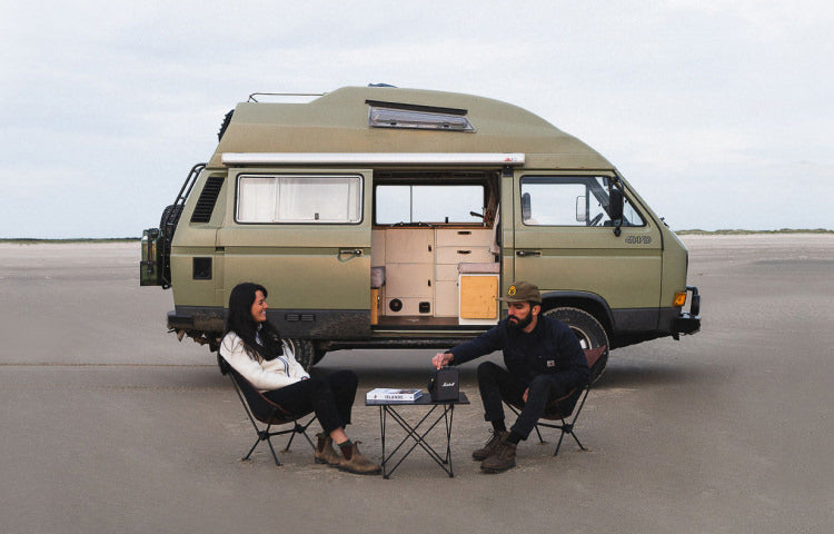 Couple sitting in front of camper van