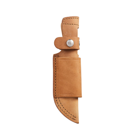 Translation missing: fr.Tan leather belt sheath with silver snap closures and reinforced stitching, designed to securely hold a fixed-blade knife