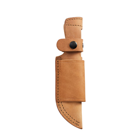 Translation missing: fr.Tan leather belt sheath with black snap closures and reinforced stitching, designed to securely hold a fixed-blade knife