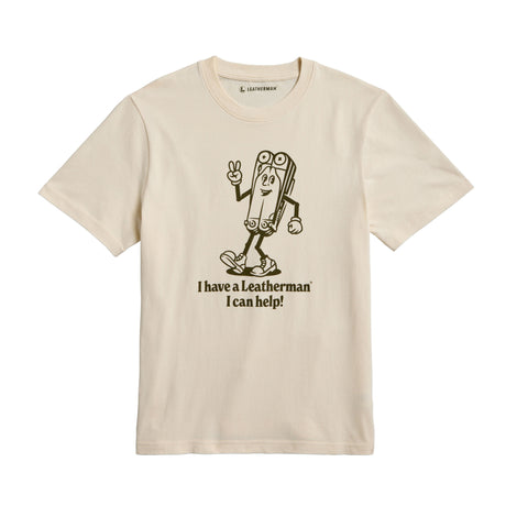 Translation missing: fr.Natural gold tee shirt with the Mr. Wave logo displaying a character based on the Wave with the slogan &#39;I have a Leatherman, I can help!&quot;