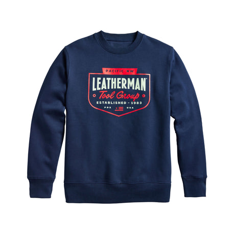 Translation missing: fr.Navy crewneck with the Leatherman Pacific Northwest logo. Established 1983