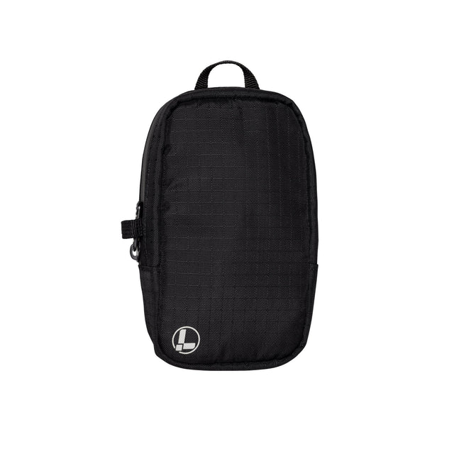 Translation missing: en.A Leatherman Tool Pouch in a Black color, featuring a minimalist rectangular design with a grid-patterned fabric texture, a black top loop for carrying, and a side zipper with a pull tab. The pouch is adorned with a subtle Leatherman logo in the lower left corner