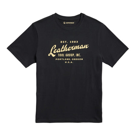 Translation missing: fr.Front of the black Leatherman Vintage tee showcasing &#39;Leatherman&#39; in a cursive font. Established 1983 in Portland, Oregon USA