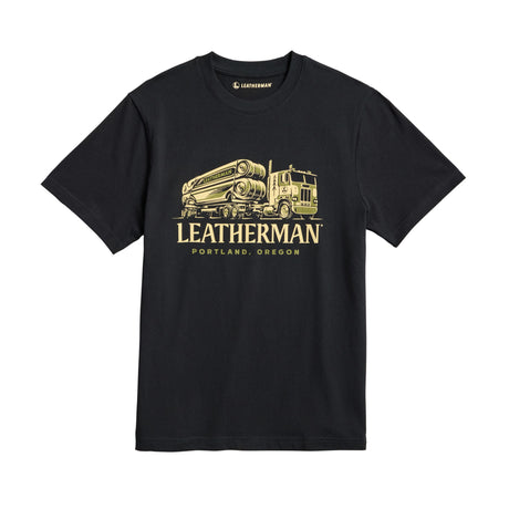 Translation missing: fr.Black Leatherman Timber Tee depicting a timber truck hauling a massive Leatherman multitool on the trailer