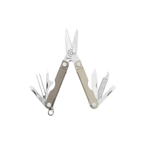 Translation missing: en.Leatherman Micra multi-tool in Winter Fog color shown open, featuring stainless steel tools and dual-tone muted grey and beige handles