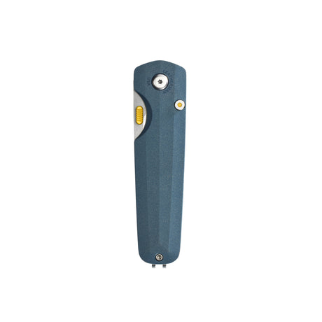 Translation missing: fr.Leatherman Blazer Denim folding knife in closed position with blue textured handle, visible yellow thumb slider, and a pivot screw displayed on a white background