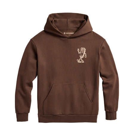 Translation missing: fr.Front of the brown Mr Wave pullover hoodie showing a small mascot designed like the leatherman Wave