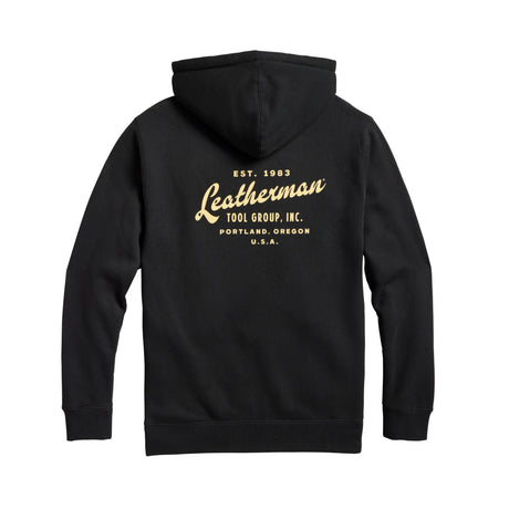 Translation missing: fr.Back of the black Leatherman Vintage hoodie. &quot;Leatherman&quot; is in a cursive font. Established 1983