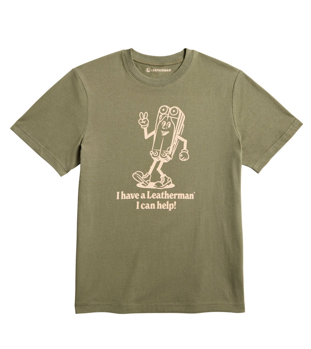 Translation missing: fr.Olive khaki tee shirt with the Mr. Wave logo displaying a character based on the Wave with the slogan 'I have a Leatherman, I can help!"