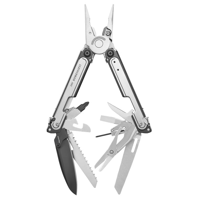 Translation missing: fr.Black DLC and stainless steel Leatherman ARC® multi-tool opened showcasing the many tools and features included
