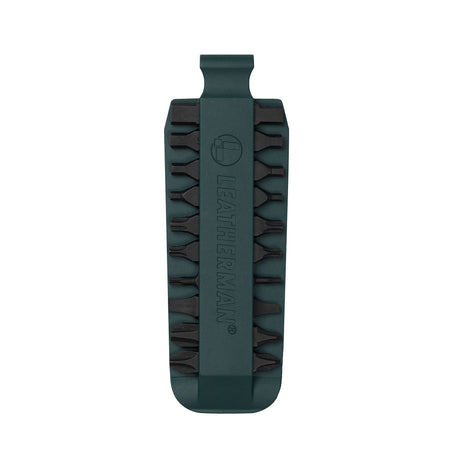 Translation missing: en.Forest Green Leatherman bit kit holder with multiple interchangeable screwdriver bits arranged on both sides, featuring the Leatherman logo embossed in the center