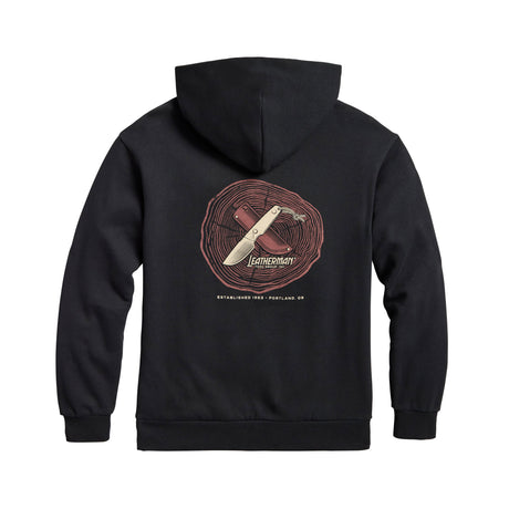 Translation missing: fr.Back of the black Blade &amp; Grain hoodie displaying a fixed blade knife and a leather sheath on a stump