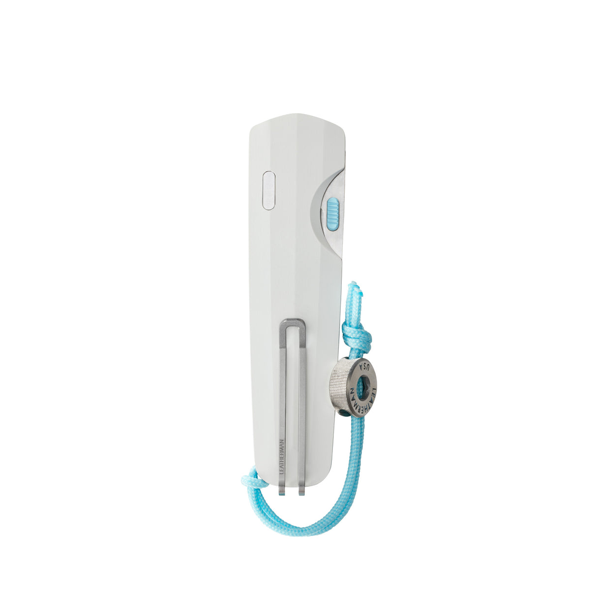Translation missing: fr.Leatherman Blazer Alpine folding knife in closed position with a white handle, deep-carry pocket clip, visible thumb slider, and attached light blue lanyard with branded bead, displayed on a white background
