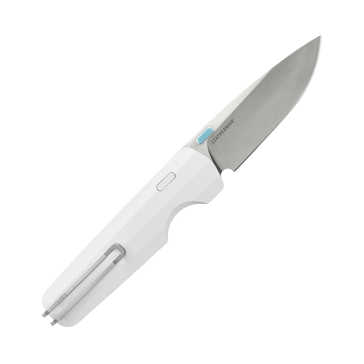 Translation missing: fr.Leatherman Blazer Alpine folding knife with a sleek white handle, stainless steel blade, and deep-carry pocket clip, shown open on a white background