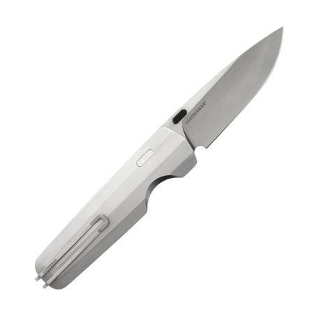 Translation missing: fr.Leatherman Blazer Stainless Steel folding knife with a sleek brushed metal handle, deep-carry pocket clip, and stainless steel drop point blade, shown open on a white background