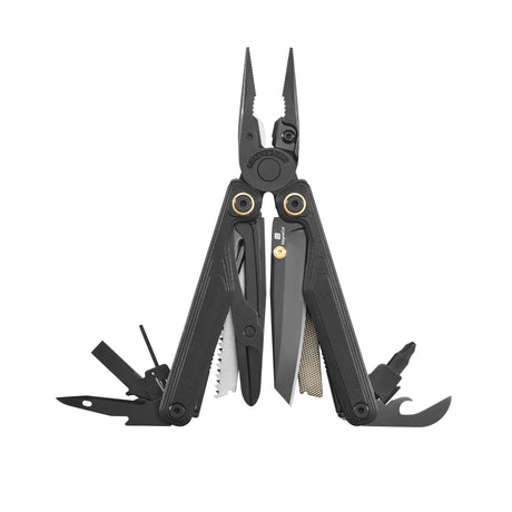 Translation missing: fr.Obsidian Leatherman Wave® Alpha multi-tool opened showcasing the many tools and features included
