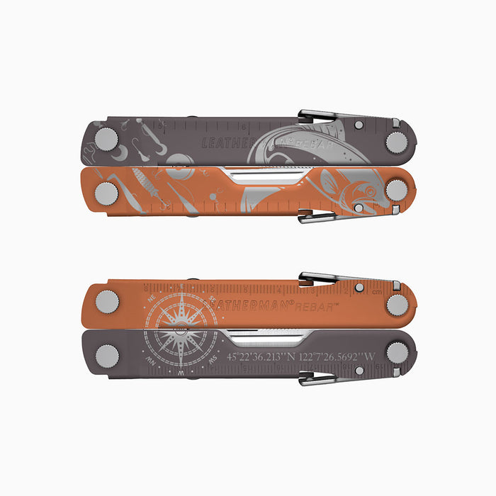 Translation missing: fr.A two-tone burnt sienna color Leatherman Rebar multitool, engraved with fishing imagery, a compass, and geographic coordinates (45°22&#39;36.213&quot;N 122°76.2692&quot;W) for presumably a good fishing spot